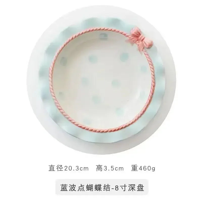 Heart-shaped Bow Wavy Edge Ceramic Dinnerware Set Ideal Cake Presentation,  Princess Pastry Platter, Lace-edged Rice Bowls