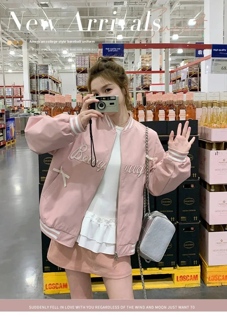 Sweet Butterfly Knot Pink Baseball Jacket Women's Spring Autumn Casual Loose Fit round Neck Full Sleeve Fashionable Coat