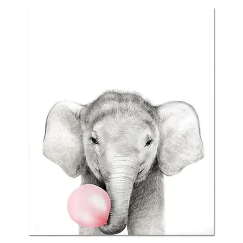 Kawaii Pink Bubble Gum Wall Art Canvas Painting Giraffe Poster Nursery Print Nordic  Animal Kids Pictures Baby Room Decor Tiger