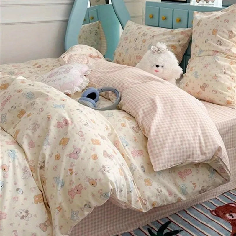 Cute Cartoon Bedding Set New No Filler Ins Soft Duvet Cover Flat Sheet Pillowcases Comforter Cover