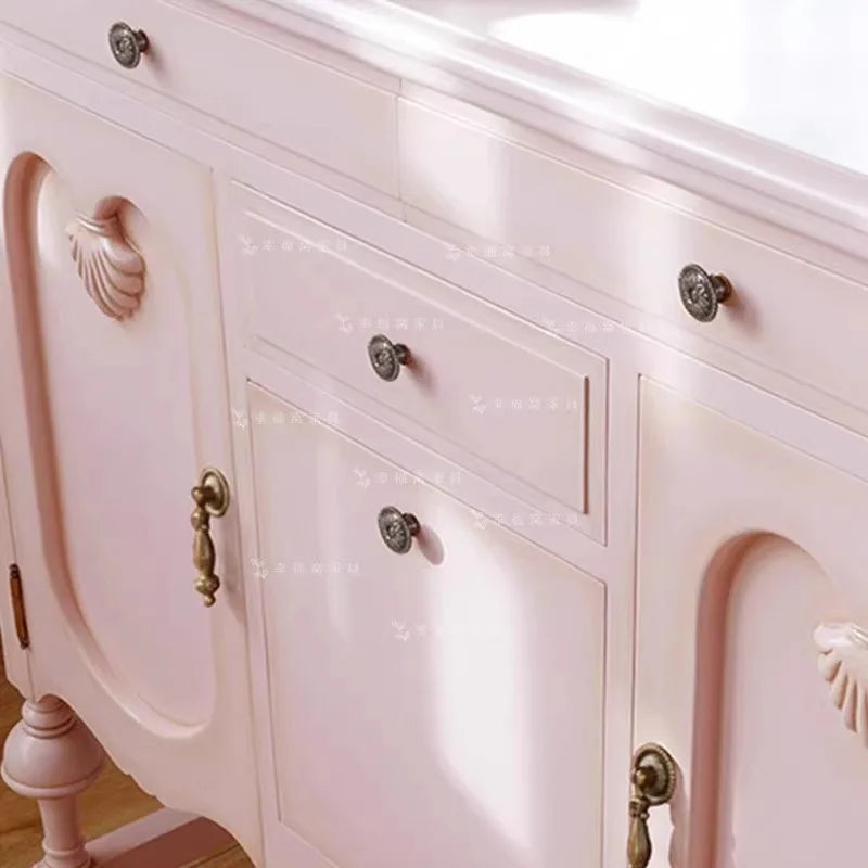 French Solid Wood Pink Studio Makeup Table with Mirror