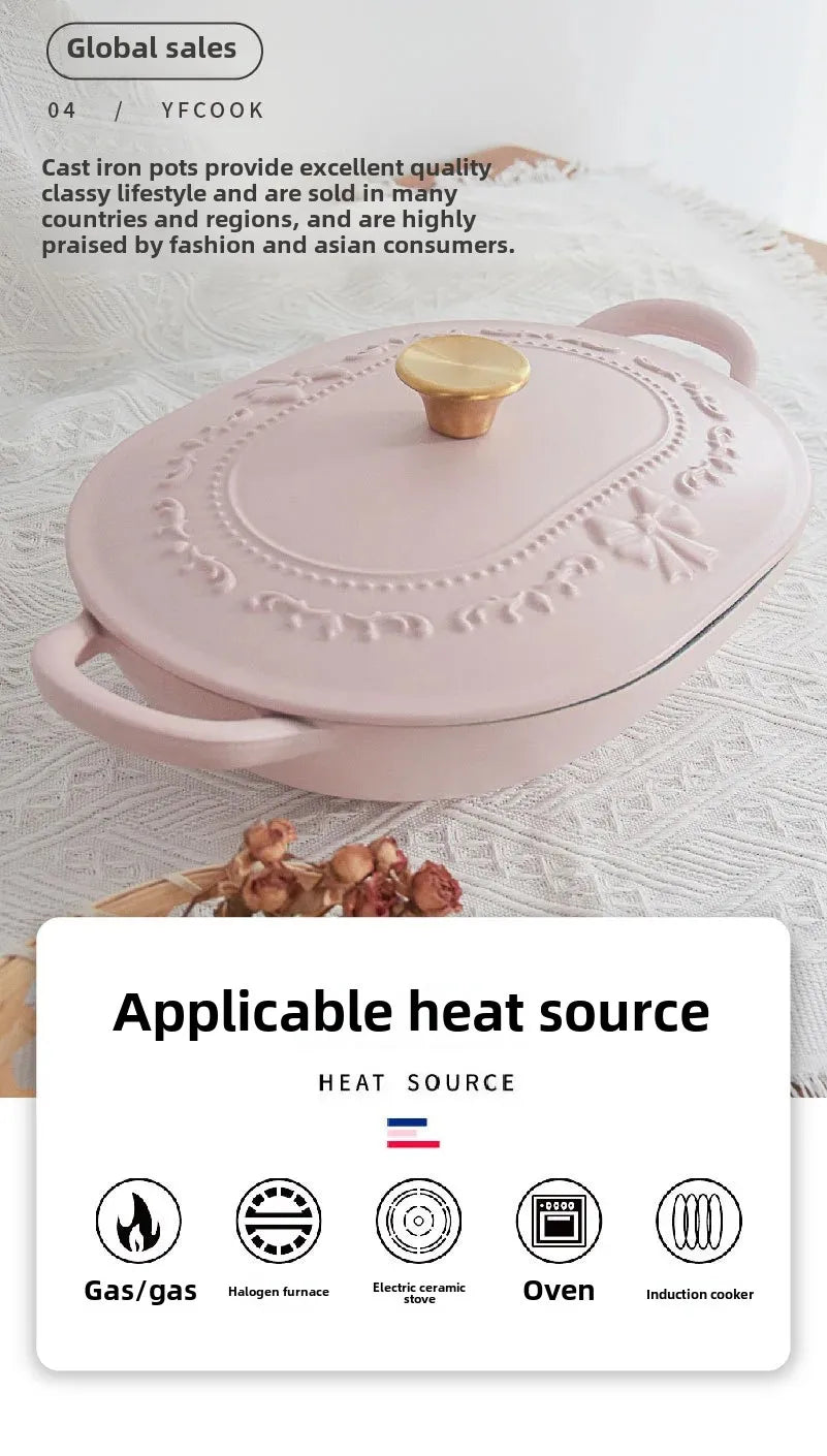 French Romantic Pink Kitchen Enamel Pot Embossed Elliptical Cast Iron Pots Home Stew Pot Grilled Fish Induction Cooker Soup Pots