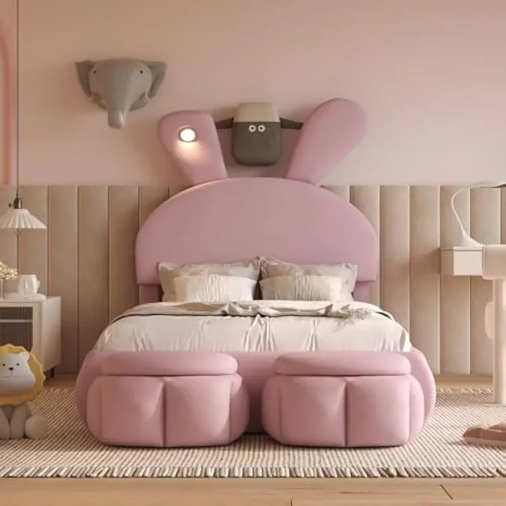 Twin Size Upholstered Platform Bed with Cartoon Ears Shaped Headboard and Light, Princess Platform Bed for Girls/Kids