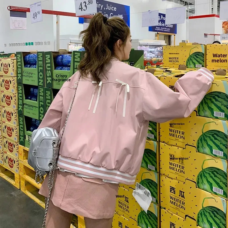 Sweet Butterfly Knot Pink Baseball Jacket Women's Spring Autumn Casual Loose Fit round Neck Full Sleeve Fashionable Coat