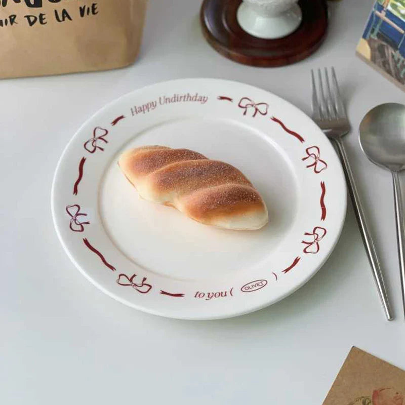 Pink Bow Ceramic Dessert Plate French Vintage Hand-painted Dish