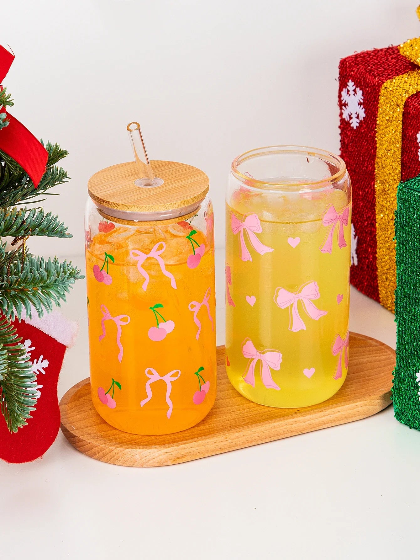 Cute Bow Glass Cup Love Cherry Bow Pattern With Lids & Straw 500ml