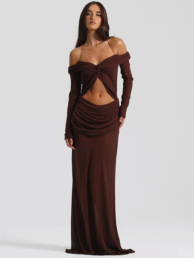 Hollow Out Ruched Sexy Maxi Dress Women Gown Halter Long Sleeve Strapless Backless Draped Slim Elegant Long Dress