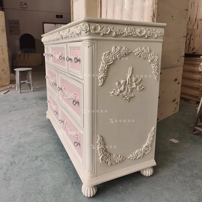 French Solid Wood Carving Flower Retro Seven Chest Cabinet