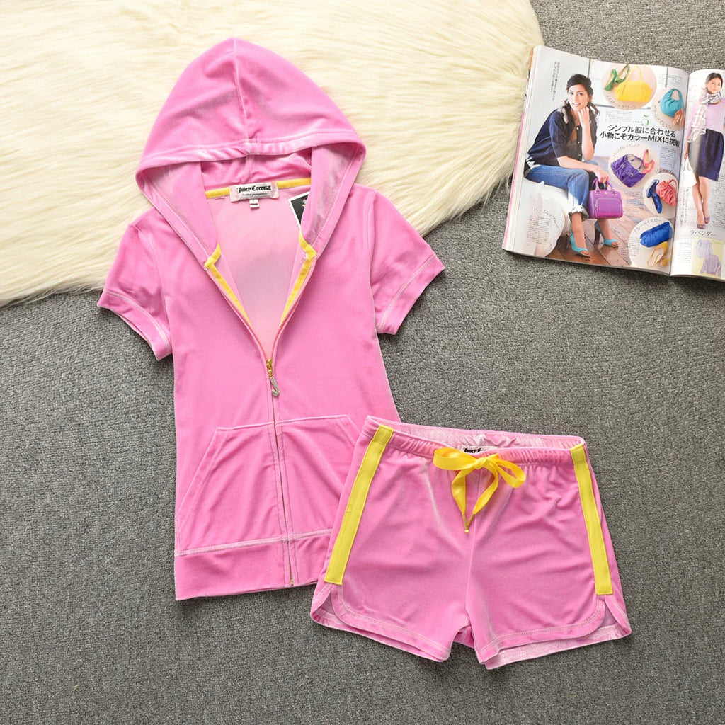 Velvet Velour Shorts Tracksuit Two Piece Sets Women Outfit Short Sleeve Top and Short Sets