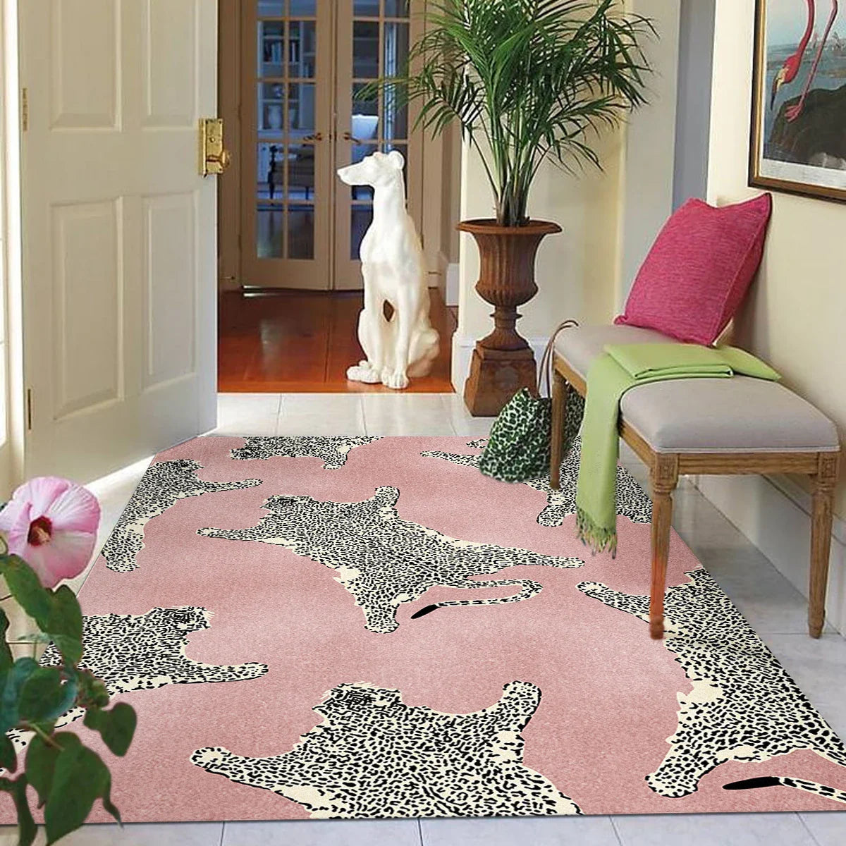 Pink Leopard Vintage Floor Mat Machine Washable Bedroom Soft Plush Carpet