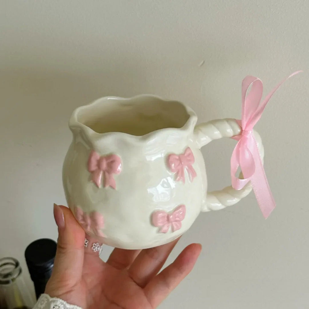 Simple Luxury Handmade Irregular Pink Three-Dimensional Bow Art Ceramic Cups