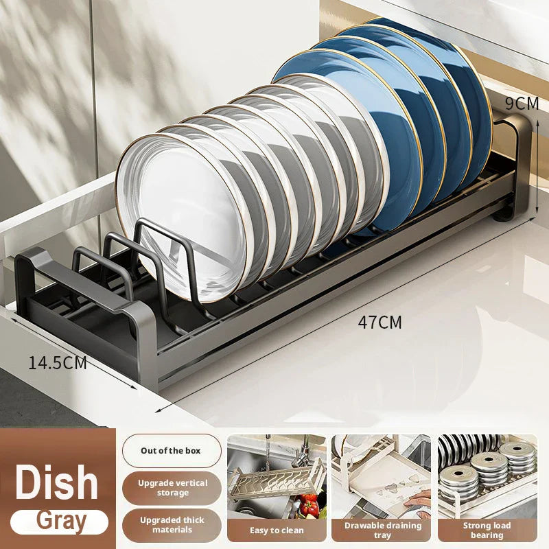 Pull Out Cabinet Dish Storage Rack Stainless Steel Plate Drain Stand Holder Kitchen Drawer Built-in Bowl Rack Basket Organizer