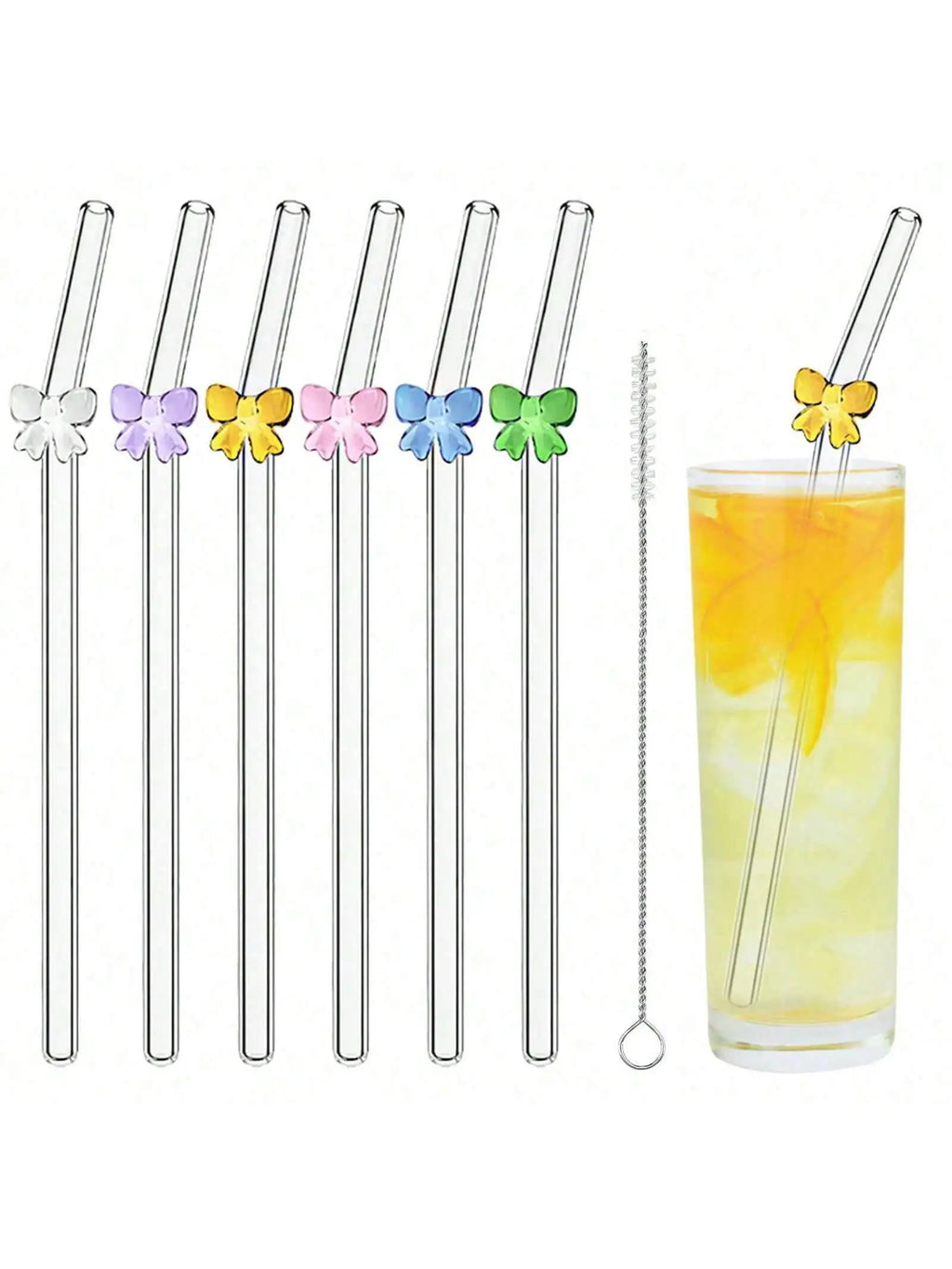 Reusable Cute Bow Glass Straws with  Cleaning Brush