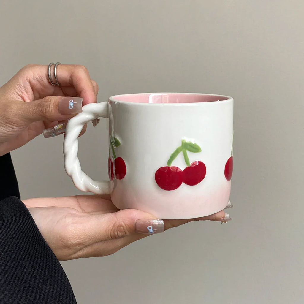 Pink Cherry Ceramic Mug, Twist Handle Ceramic Exquisite Pink Gradient Cup