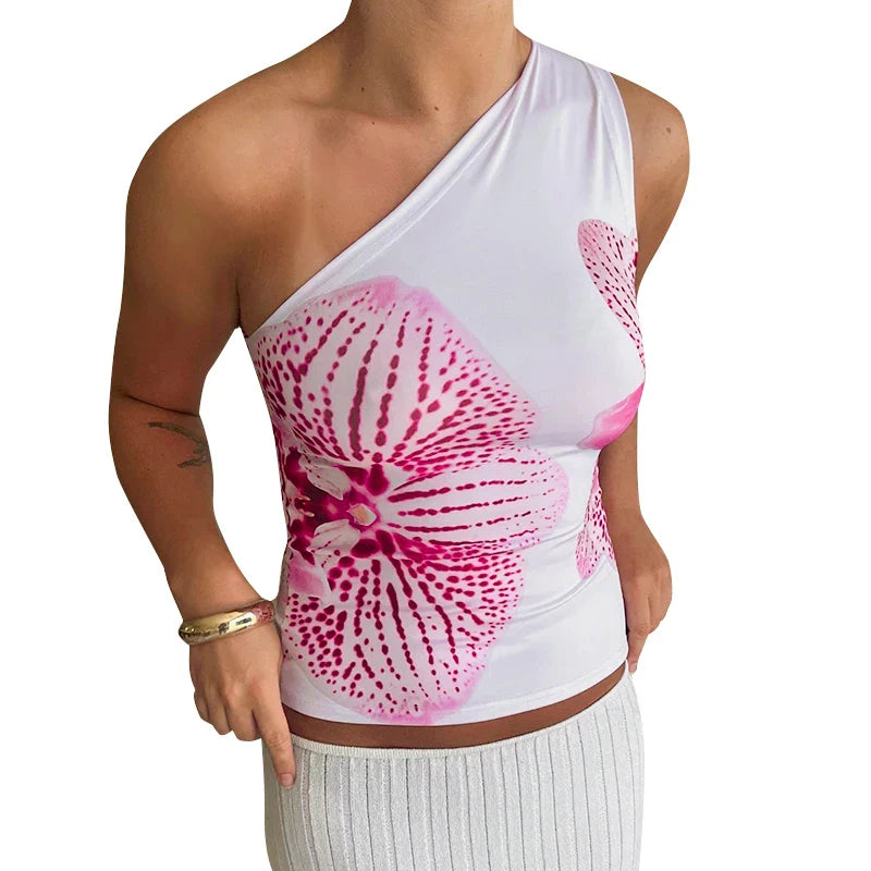 Floral Print Fitted Tops Women Resort Wear Graphic Tees Summer Casual One Shoulder Slash Backless Tank Top