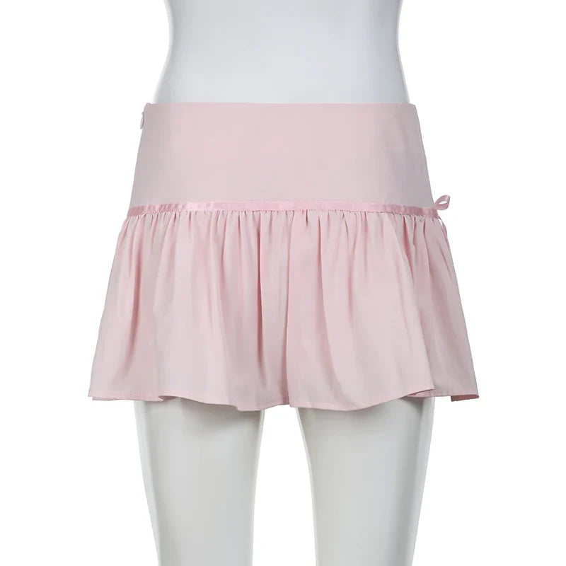 Hot-sweet Pink Spliced Summer Mini Skirt Bow Fashion Cute Folds A-Line Women Skirts Coquette Clothes
