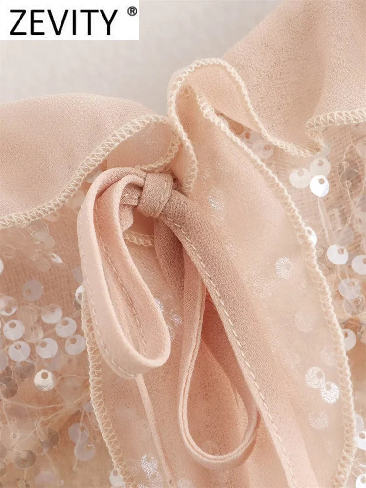 Women Chic Pleat Ruffles Sequined Design Chiffon Sling Camis Tank Lady Backless Short Crop Shirt Blouse Tops