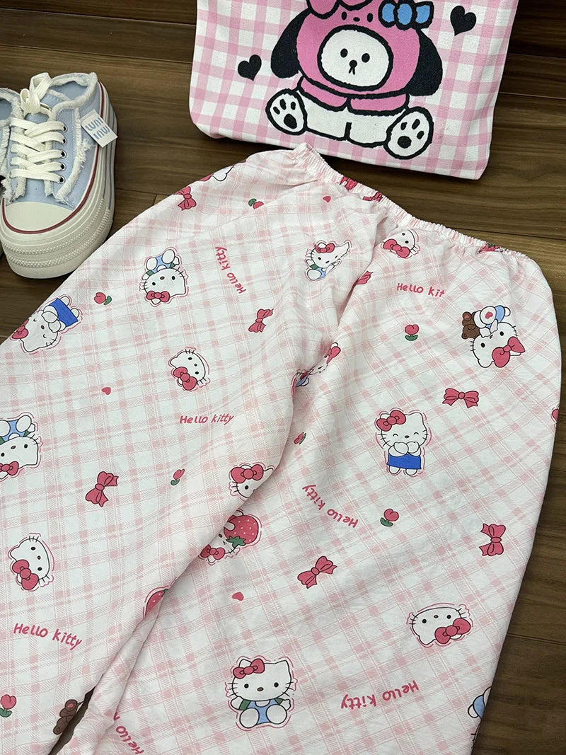 Sanrio Hello Kitty Pure Cotton Pajama Pants Wide Kawaii Kitty Leg Pants Girls Summer Thin High Waist Casual Trousers