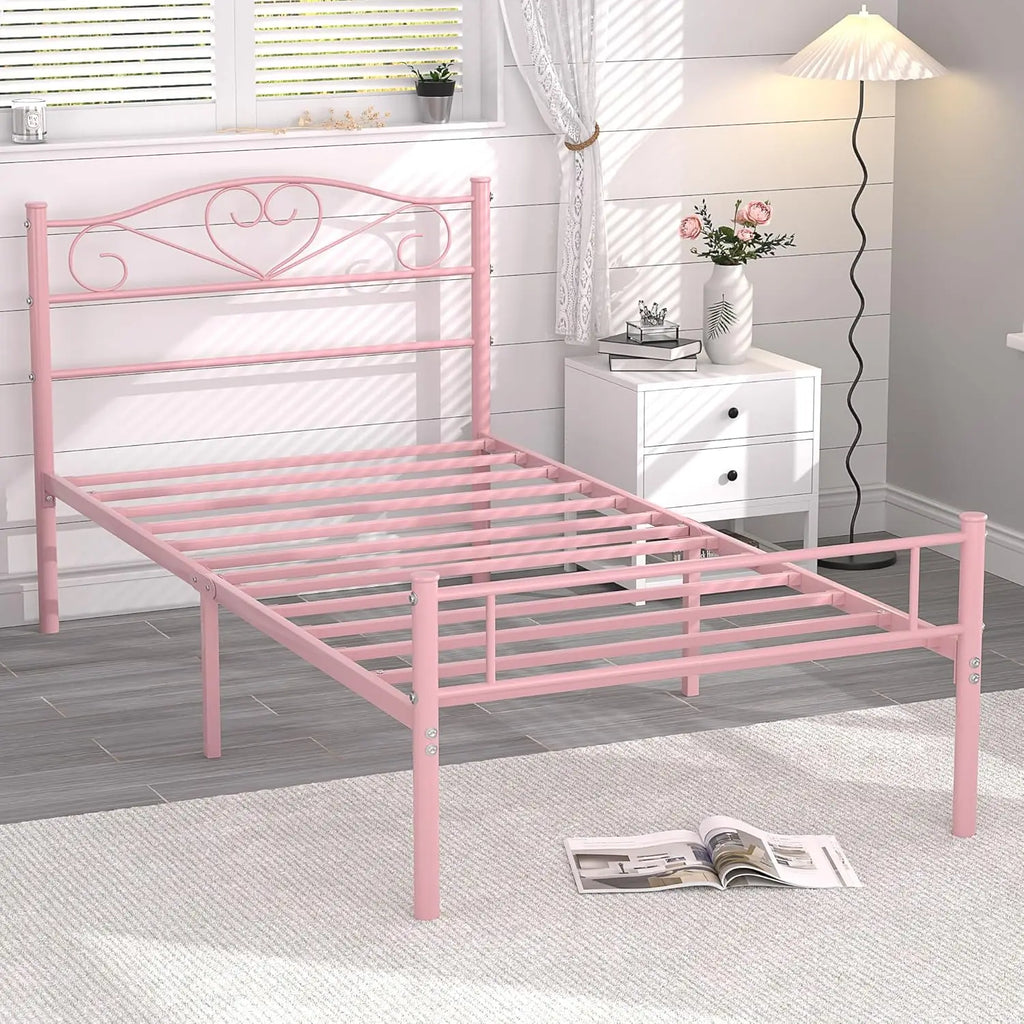 Pink Twin Size Metal Platform Bed Frame with Headboard and Footboard, Heavy Duty Mattress Foundation with Steel Slats Support 14 Inch