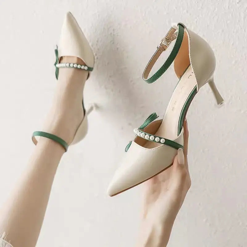 Women Pearl Pumps Heeled Pointed Toe with Side Bowknot