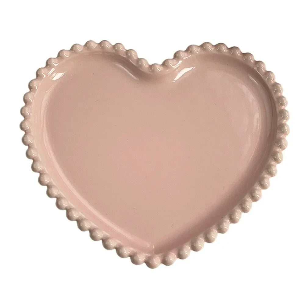 Porcelain Red Pink Bead Dots Ceramic Heart Dinner Plate Tableware