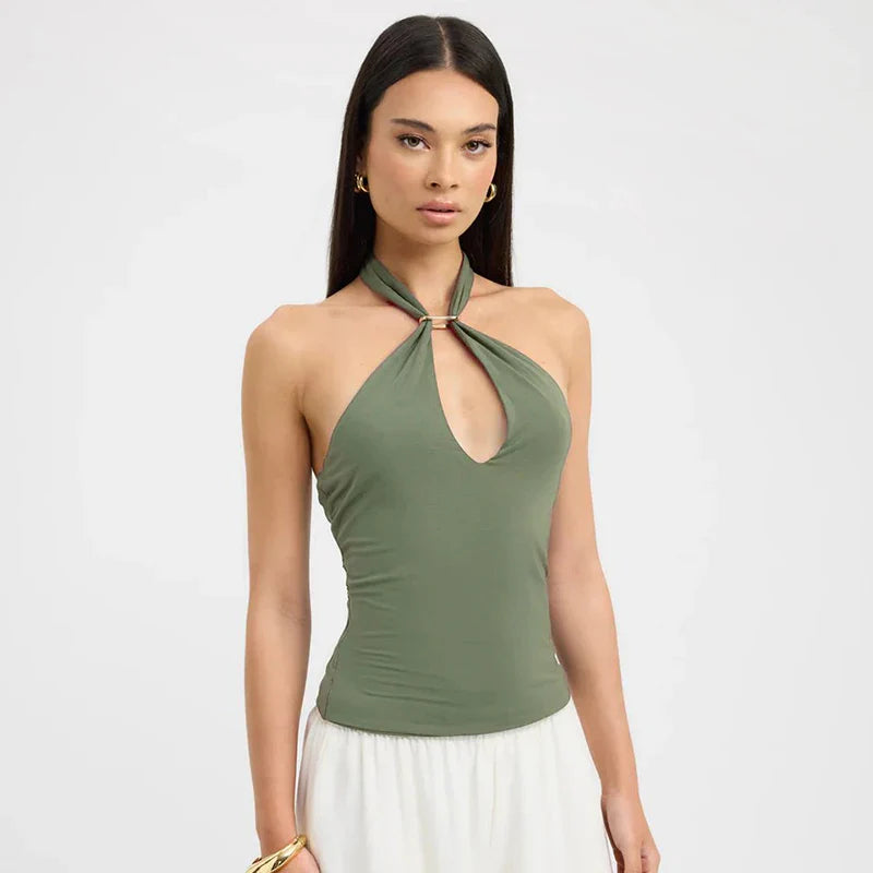 Women'S Solid Color Hanging Neck Tie Hollow Out Metal Ring Strapless Backless Tank Top Summer New Fashion Street Tank
