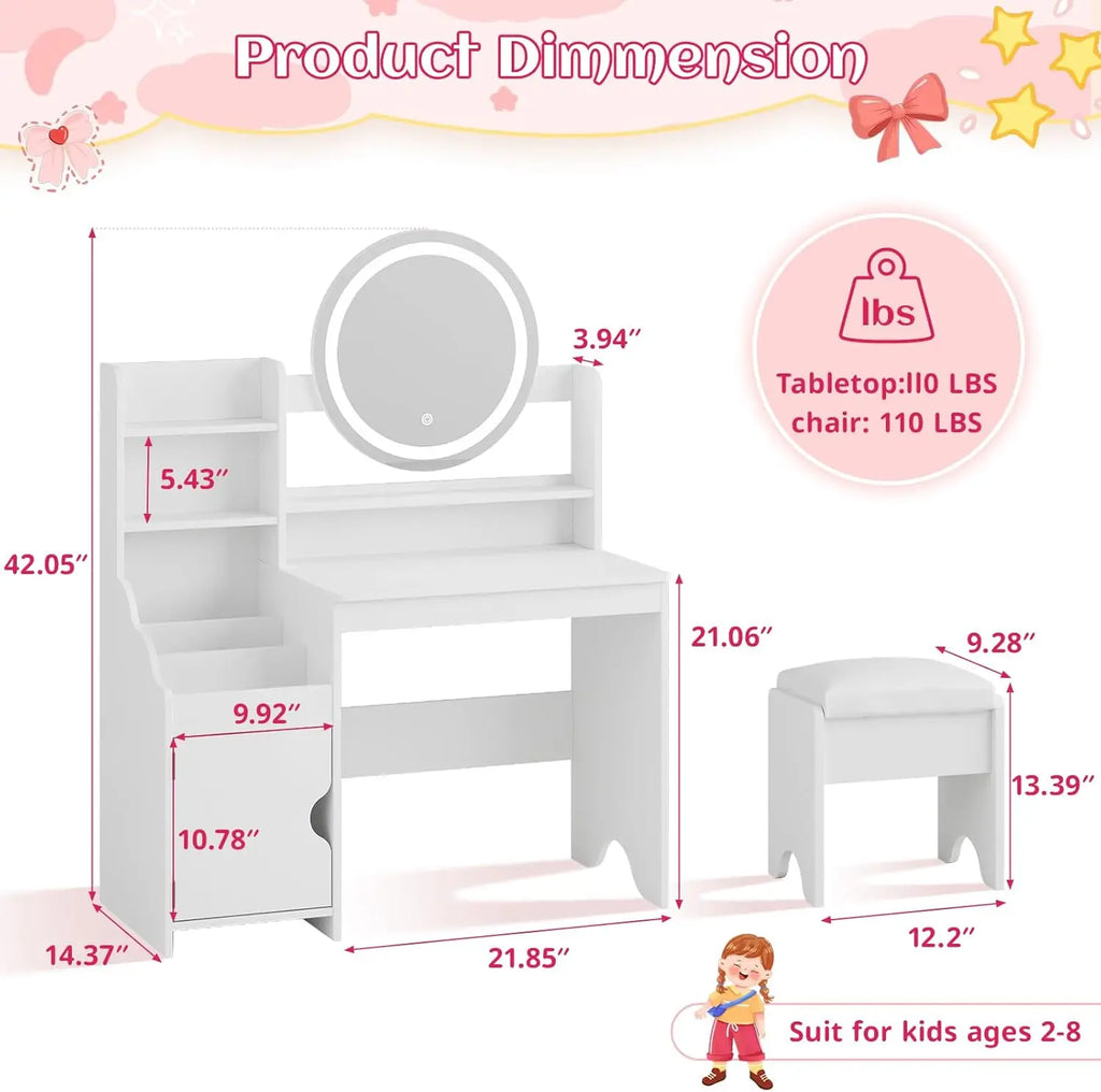 Kids Vanity Desk with Lights Mirror Makeup Vanity Table with Storage Cabinet & Shelves Pink Vanity Set with Chair for Girl