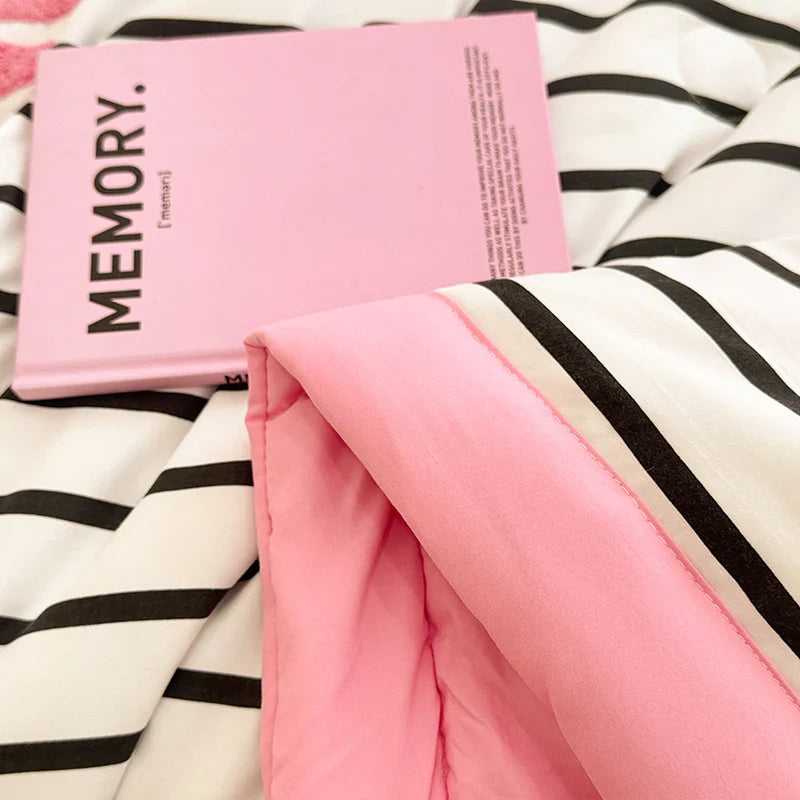 Stripe Quilt set Pink And White Bedding Set with Flat Sheet Set Soft  Fluffy Embroidery Quilt Set