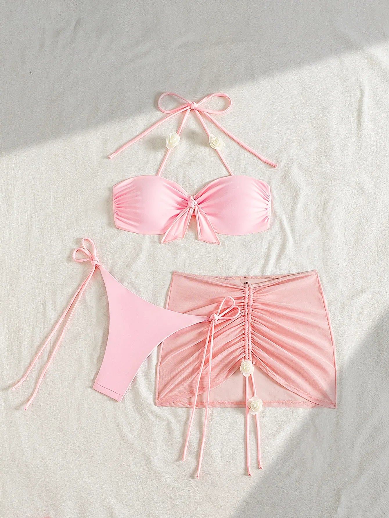 Women's 3 Piece Bikini Set Pink 3D Flower Chest Knot with Drawstring Skirt Swimsuit Outfit