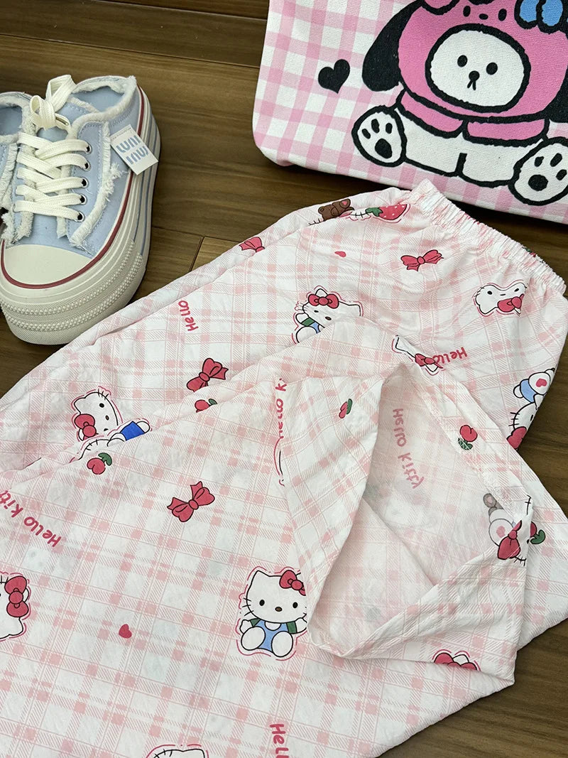 Sanrio Hello Kitty Pure Cotton Pajama Pants Wide Kawaii Kitty Leg Pants Girls Summer Thin High Waist Casual Trousers