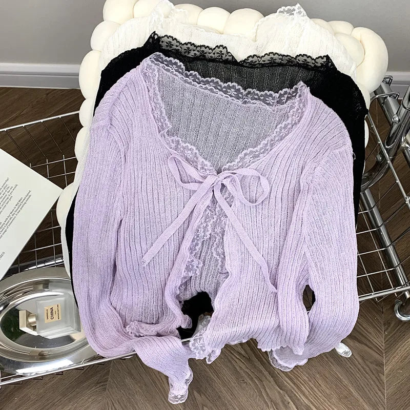 Lace Knitted Cardigans Long Sleeved Short Lace-Up Thin Shawl