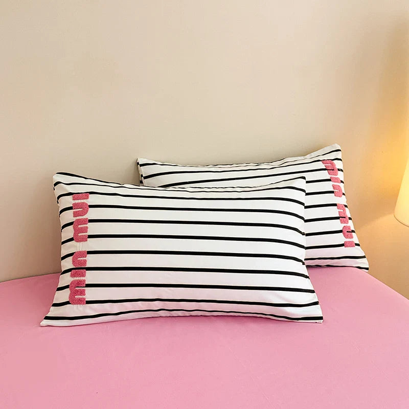 Stripe Quilt set Pink And White Bedding Set with Flat Sheet Set Soft  Fluffy Embroidery Quilt Set