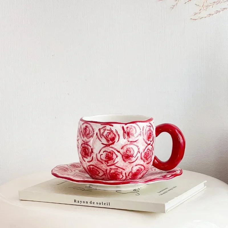 Ceramic Coffe Mug Hand Pinched Irregular Hand-painted Love Heart Cherry Pattern Cup with Saucer