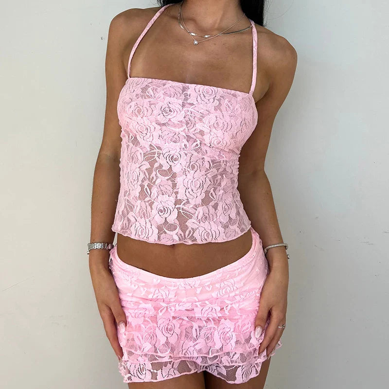 Women 2 Piece Set Lace Outfit Y2k Fairy Coquette Tie-up Backless Crop Tops Low Rise Mini Skirt