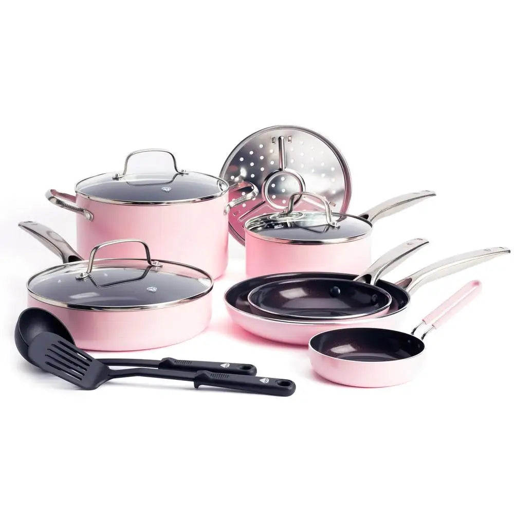 Nonstick Diamond Ceramic Cookware Set Pink Pot Pan Stockpot Frypan Utensils Ladle
