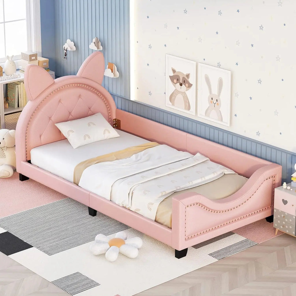 Pink Twin Size Wood Platform Bed Frame With House-Shaped Headboard For Girls Kids Toddler