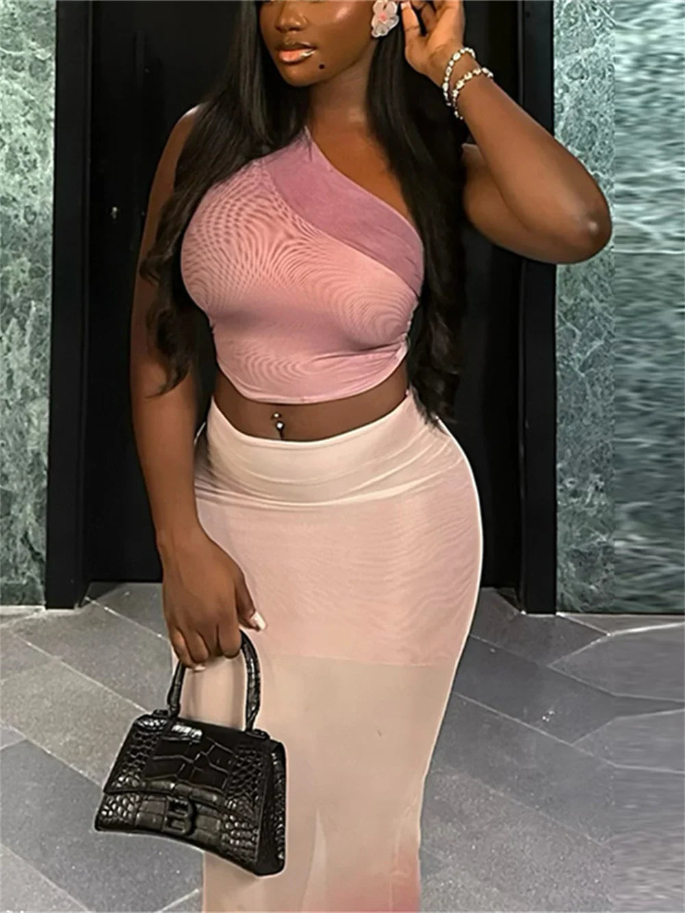 Gradient Women 2 Piece Set Elegant One-Shoulder Tank Tops+Double Deck Maxi Skirts Fashion Outfit