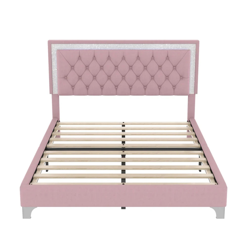 Three -Piece Upholstered Platform Bed Set with LED Lights and Nightstands Pink Velvet Foam-Filled Elegance & Ambiance Easy