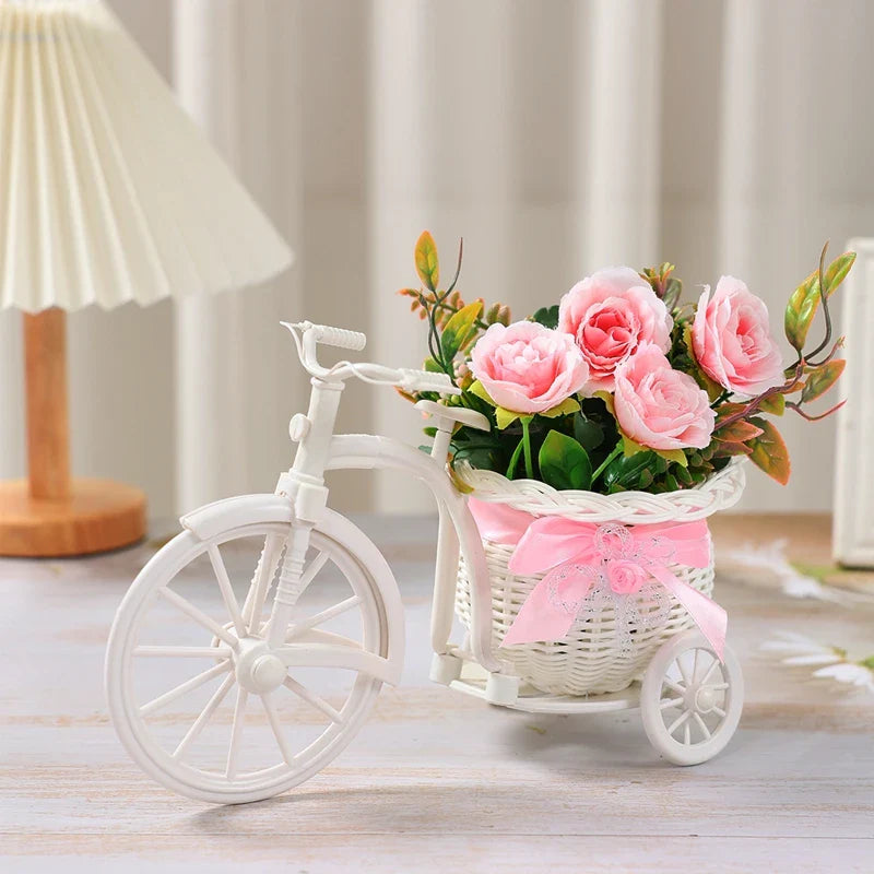 Plastic Flower Basket Vase Pink Tricycle Bicycle Model Home Garden Wedding Party Decor Romantic Cute Decor Figurines Miniatures