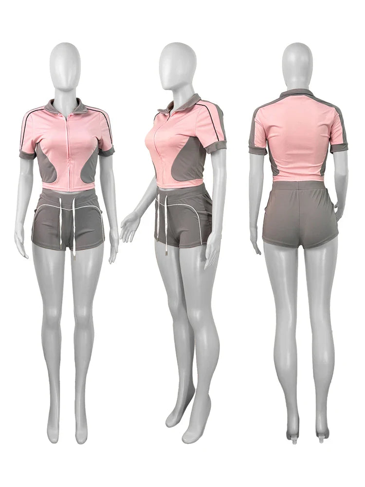 Women Sets Outfit Summer Streetwear Panelled Two Tone Slim Sports Short Sleeve Shorts Suits Zip Crop Tops Casual 2 Two Piece Set
