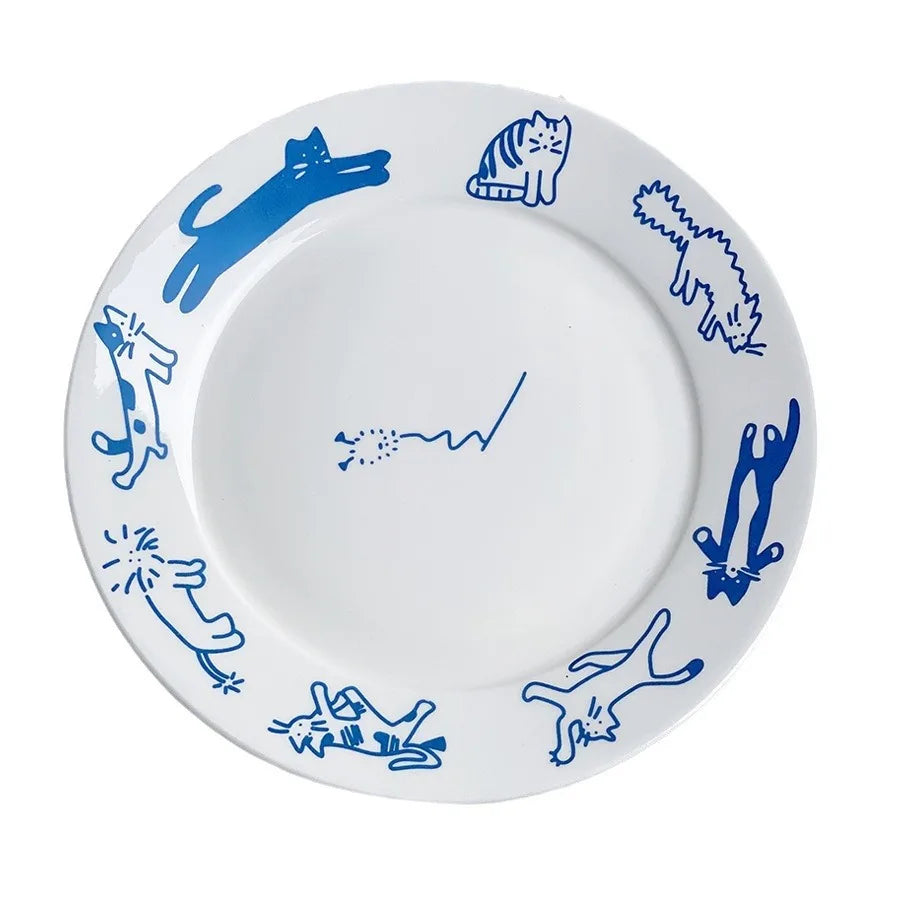 Cute Cat and Dog Ceramic Dessert Plate Cake Western Flat Plate Pasta Fruit Disc Dinner Set Plates and Dishes