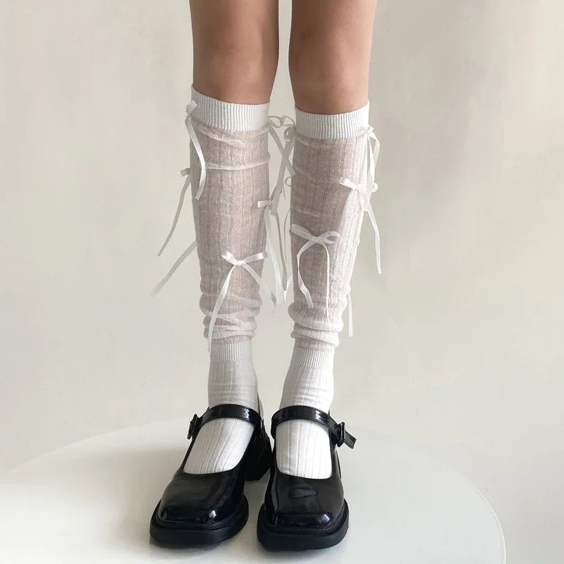 Sweet Lolita Style Stockings Students Fashion Basic Bowknot Knee-high Socks Cotton Fabric Women Mid-calf Sock