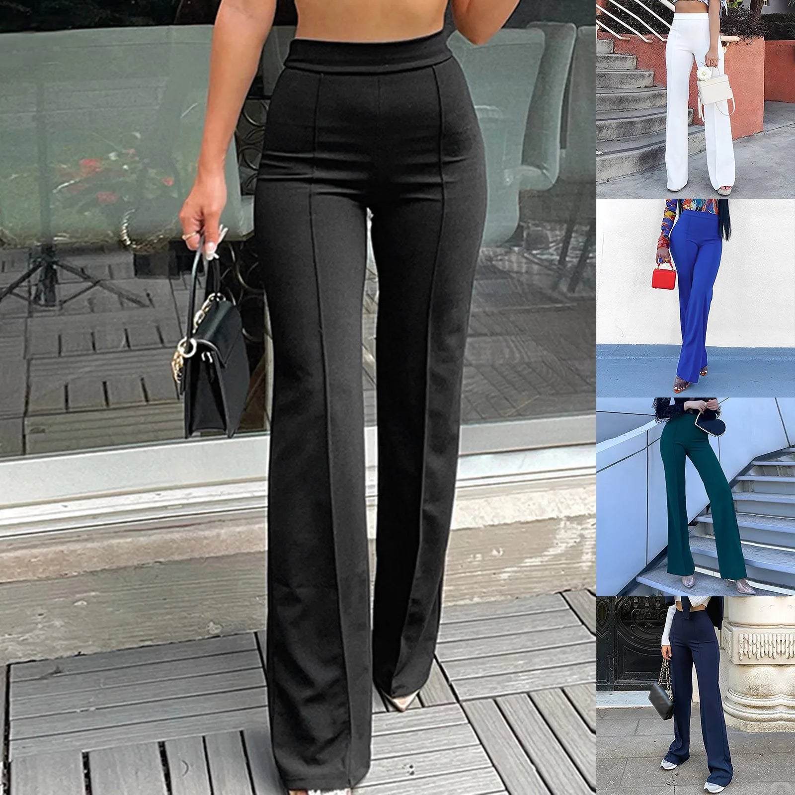 Women Fashion White Flare Pants Solid Color High Waist Sexy Slim Pants Elegant Casual Elastic Trousers