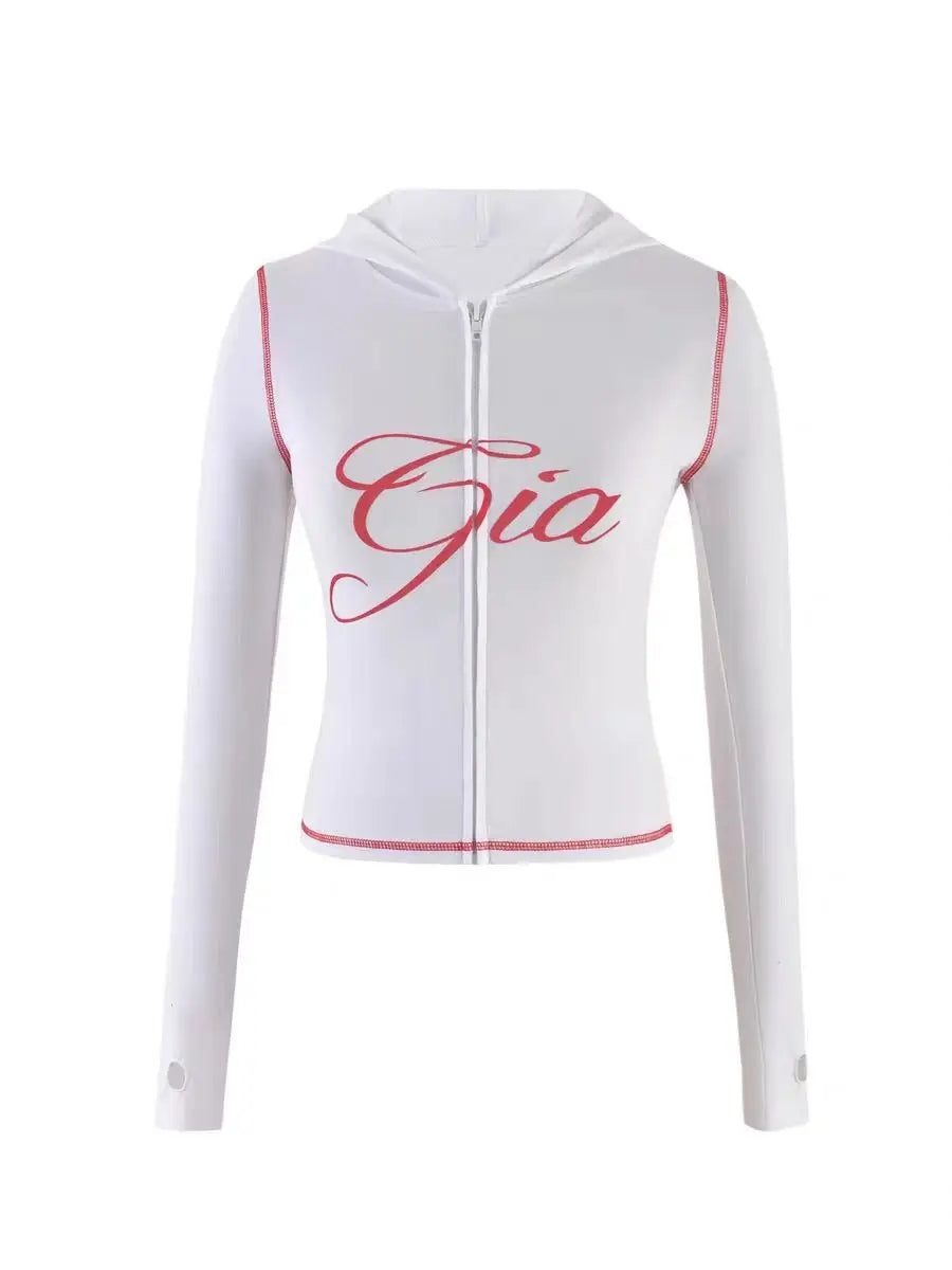 So Y2K Blue Cotton Zipper Hooded Long Sleeved High Stretch Top Low Waist Micro Flared Pants For Women