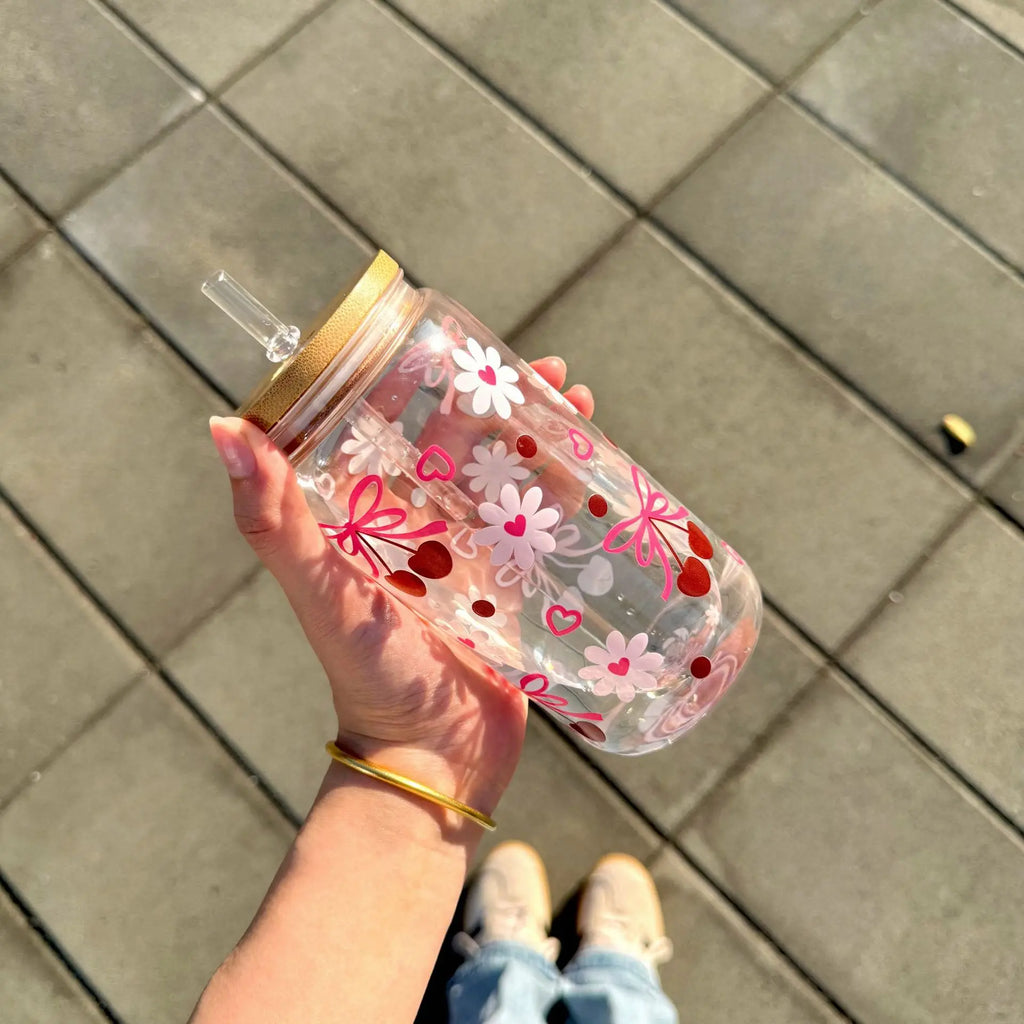 Cute Bow Glass Cup Tumbler Mason Jar Shaped With Lids & Straw