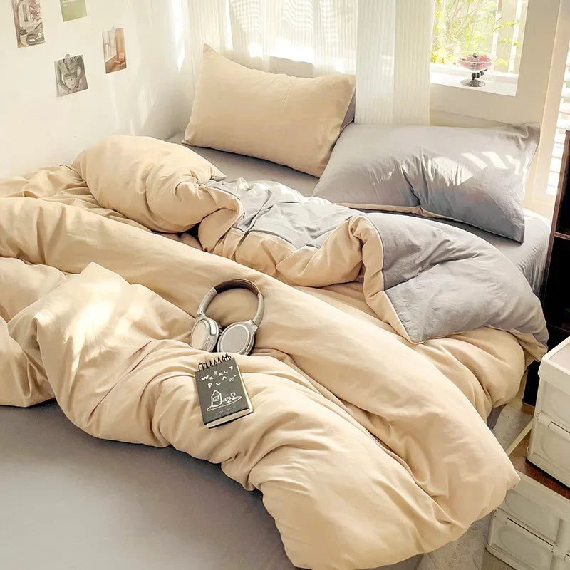 Solid Bed Linen Cotton Bedding Set 4pcs with Sheet Duvet Cover Pillowcases Single Couple Bedsheet