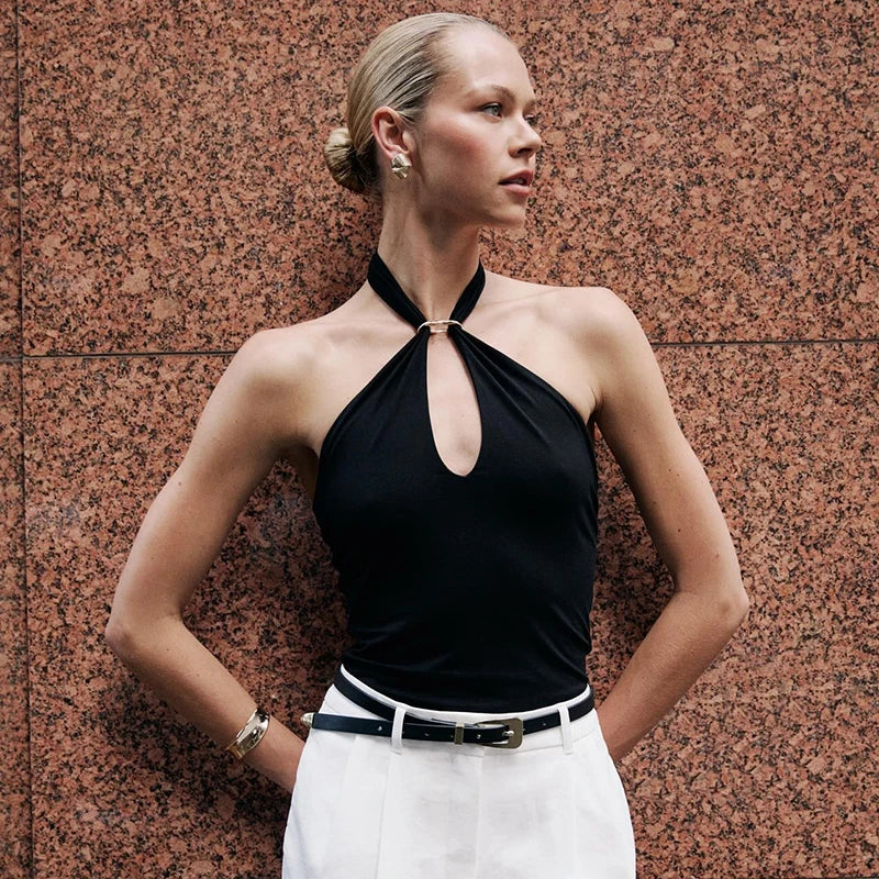 Women'S Solid Color Hanging Neck Tie Hollow Out Metal Ring Strapless Backless Tank Top Summer New Fashion Street Tank