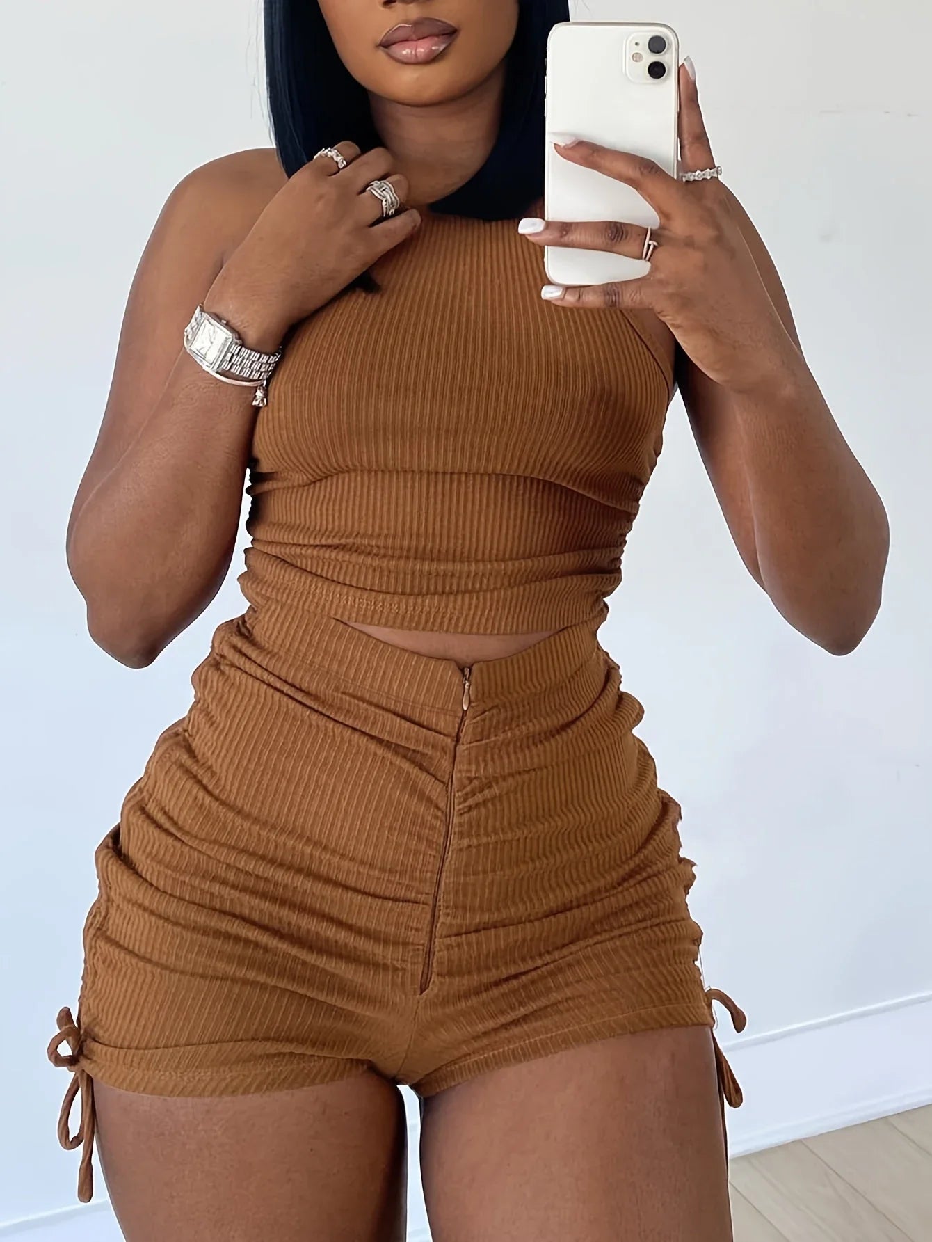 Plus Size Rib Knit Ruched Drawstring Shorts Set Summer High Elasticity Women's Set Tank Top and Ruched Shorts Two Piece Set