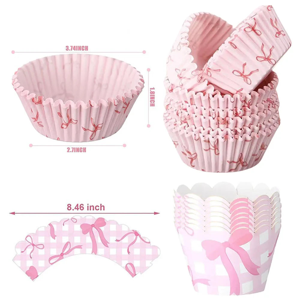 Pink Bow Paper Baking Cups Cupcake Wrappers Bow Cupcake Toppers