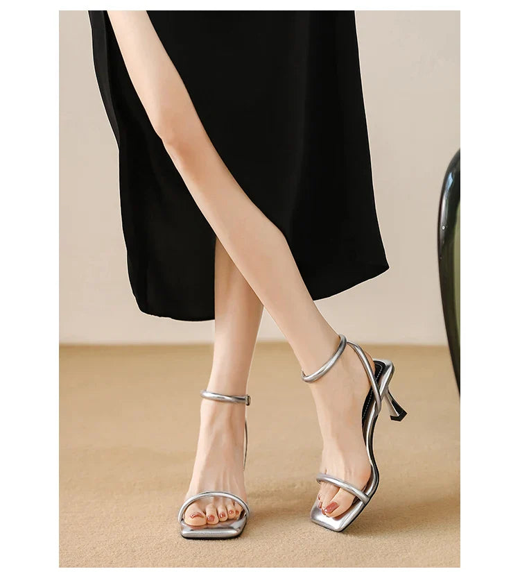Women's High Heel Sandals Square Toe Thin Heels One-length Strip Open Toe Sandals
